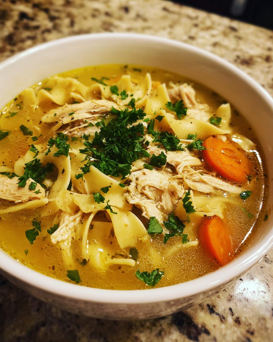 Close-up of a white bowl filled with rich broth, shredded chicken, egg noodles, and carrots, topped with fresh parsley for slow cooker chicken noodle soup.