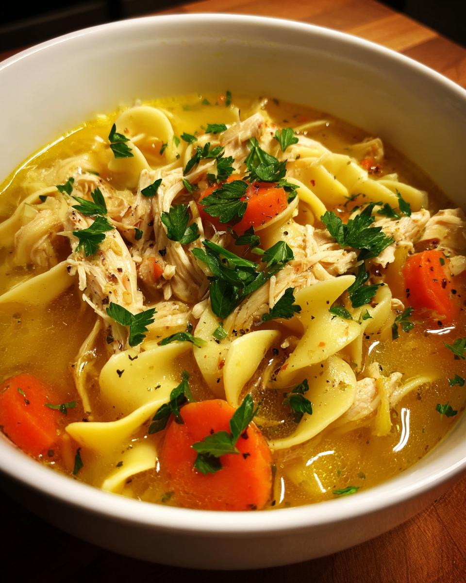 Close-up of a white bowl filled with rich, yellow broth, shredded chicken, egg noodles, and sliced carrots in slow cooker chicken noodle soup.