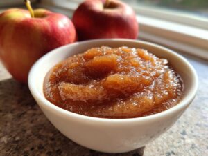 Close-up of rich, spiced applesauce in a white bowl with fresh red apples in the background.