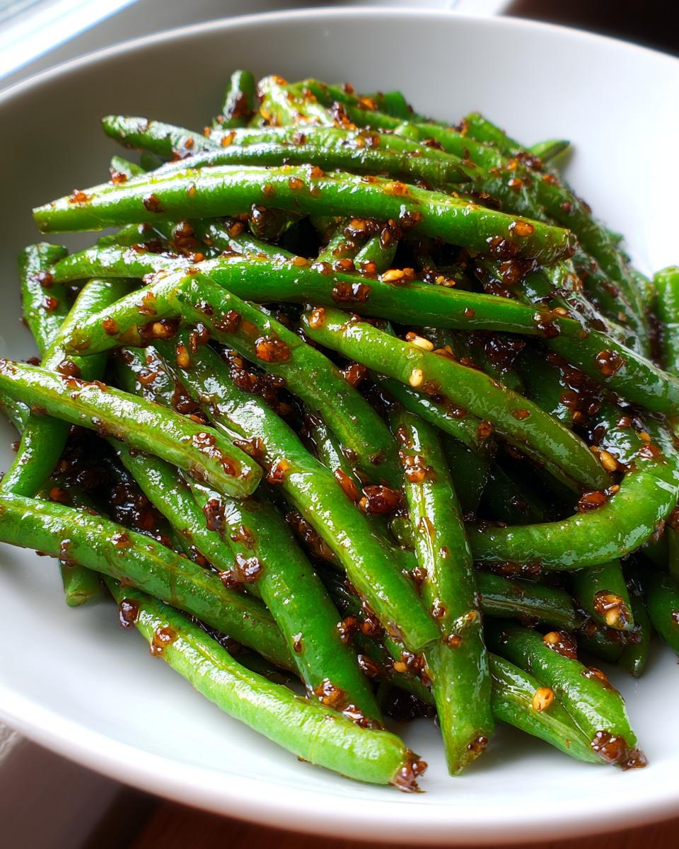 Close-up of vibrant green beans tossed in a dark, spicy glaze with sesame seeds.