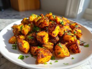 A close-up of perfectly roasted, seasoned Mexican potatoes garnished with fresh cilantro on a white plate.