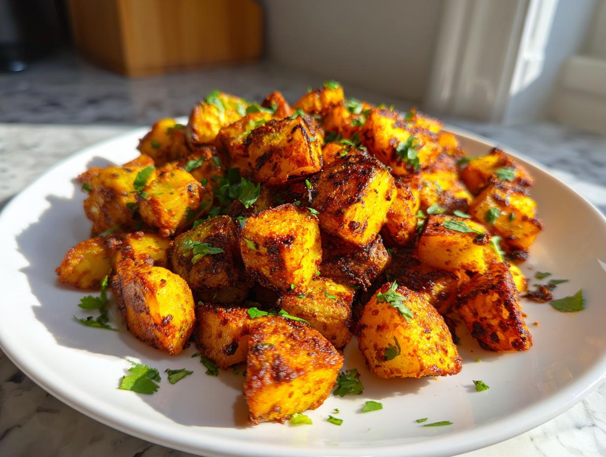 A close-up of perfectly roasted, seasoned Mexican potatoes garnished with fresh cilantro on a white plate.