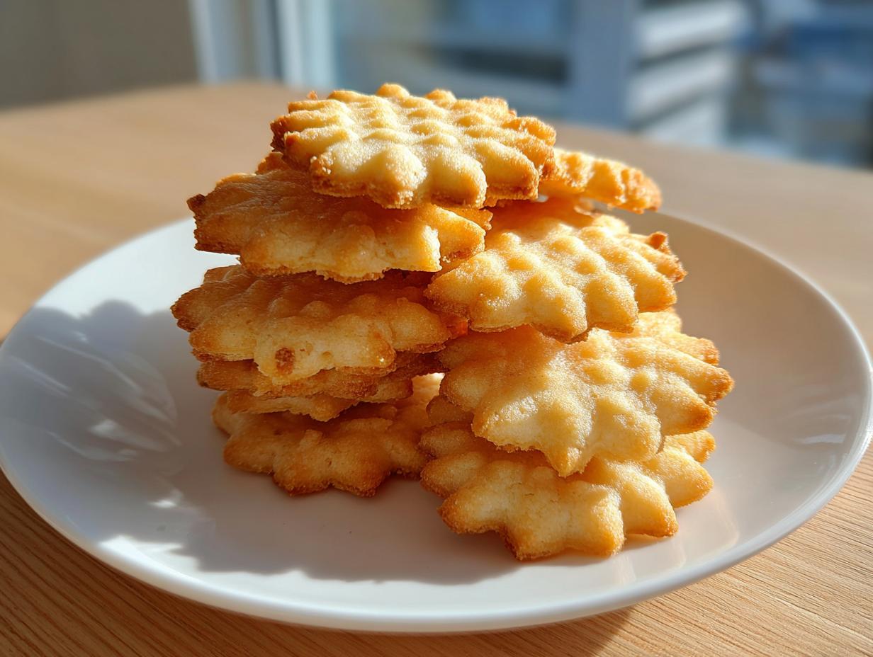 A stack of golden, star-shaped butter cookie treats piled high on a white plate, illuminated by sunlight.