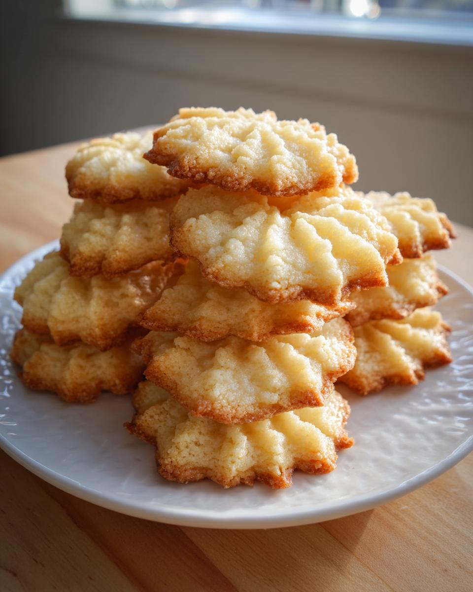 A tall stack of freshly baked, golden-edged butter cookie treats piled on a white plate.