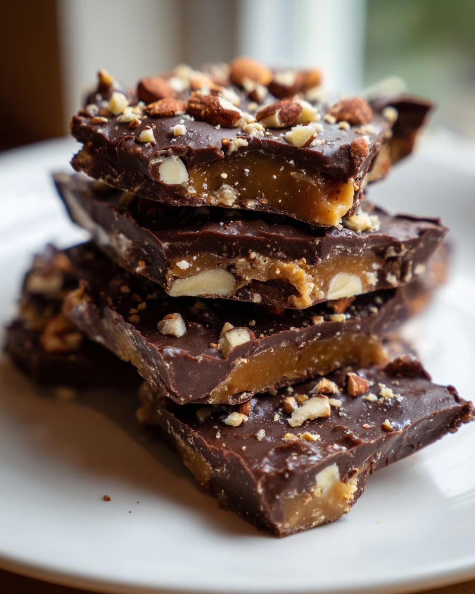 A stack of homemade toffee recipe pieces, featuring a thick caramel layer topped with dark chocolate and chopped almonds.