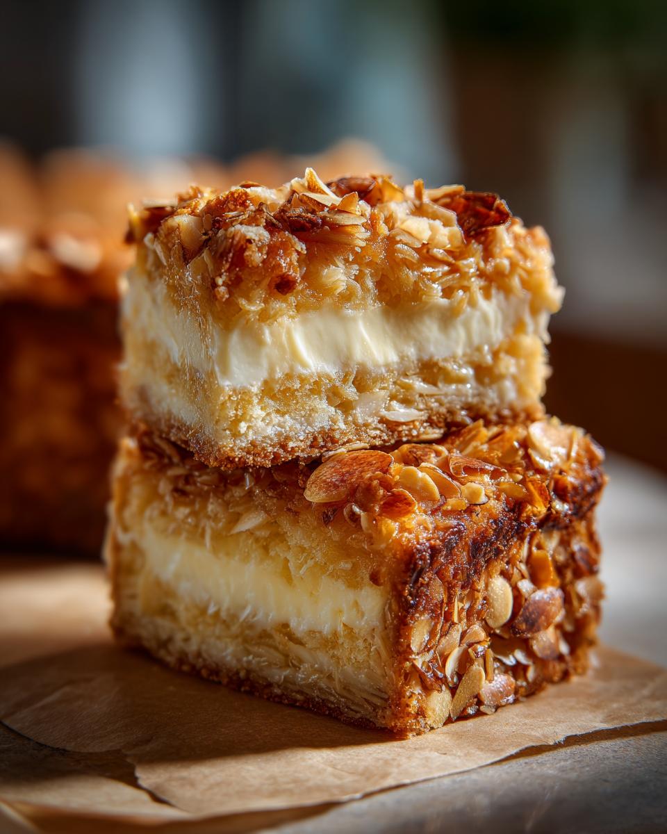 Two stacked squares of rich bee sting cake featuring a creamy filling and a caramelized almond crunch topping.