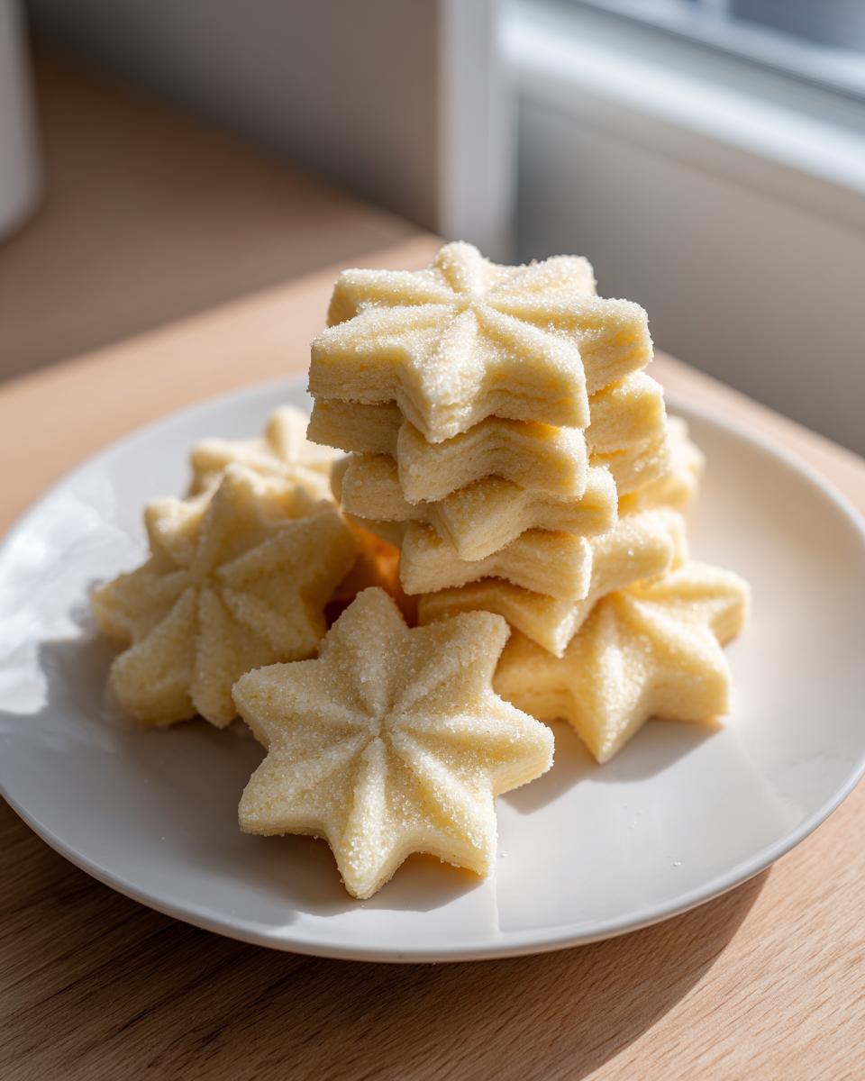 A stack of star-shaped, sugar-coated butter cookie treats resting on a white plate.