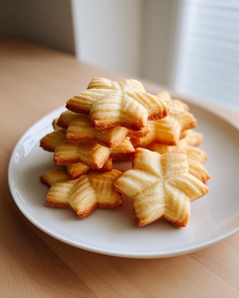 A stack of golden brown, star-shaped butter cookie treats piled high on a white plate.