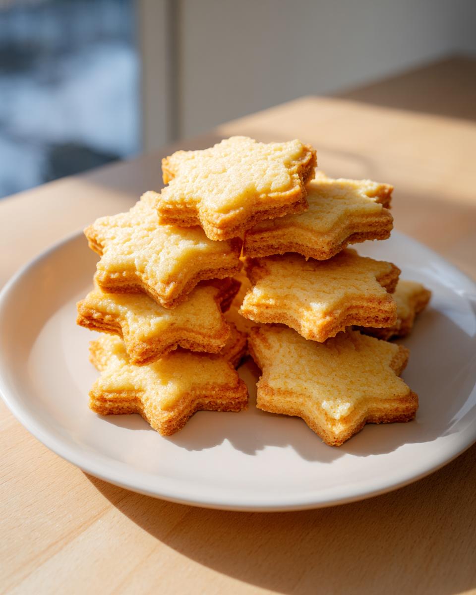 A stack of golden, star-shaped butter cookie treats piled on a light plate, illuminated by sunlight.
