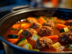 Close-up of rich, tomato-based albondigas soup simmering in a dark pot with meatballs, carrots, and zucchini.