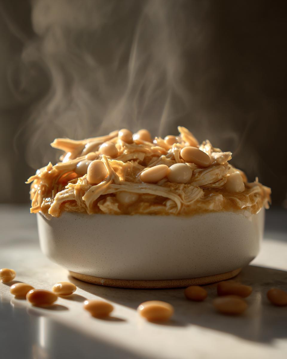 A close-up of a steaming bowl filled with creamy chicken chili, topped with shredded chicken and white beans.