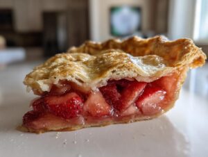 A close-up, cross-section view of a slice of amazing strawberry rhubarb pie showing juicy filling and flaky crust.
