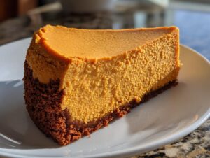 A perfect slice of bright orange sweet potato cheesecake with a dark crust on a white plate.