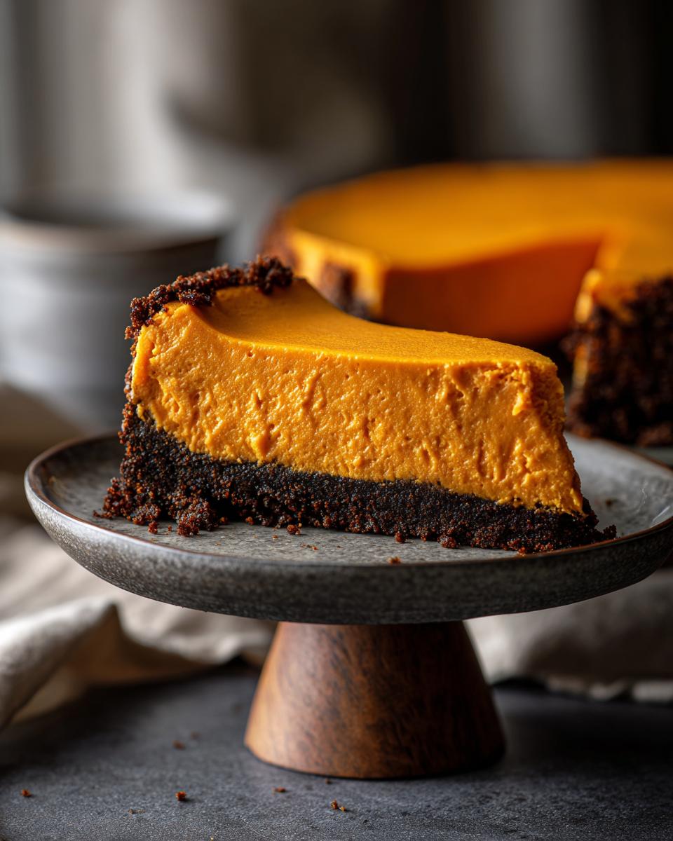A rich slice of sweet potato cheesecake with a thick, dark chocolate crust served on a pedestal.