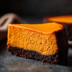 A close-up, decadent slice of sweet potato cheesecake featuring a vibrant orange filling and a dark chocolate crust.