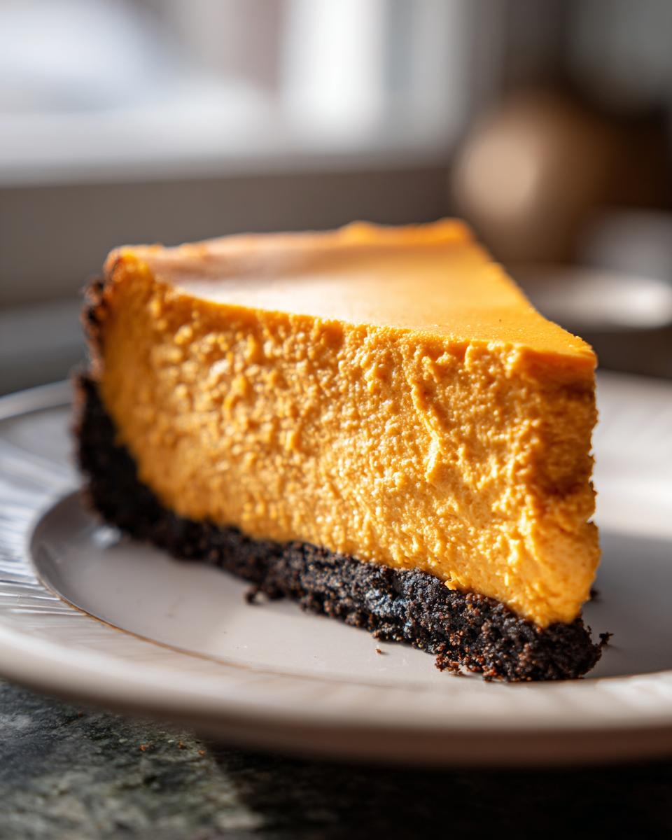 A close-up of a thick slice of vibrant orange sweet potato cheesecake on a light plate.