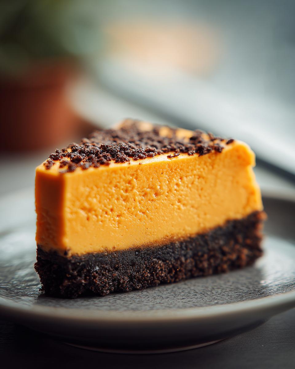 A close-up of a rich slice of sweet potato cheesecake with a dark chocolate crust and crumb topping.