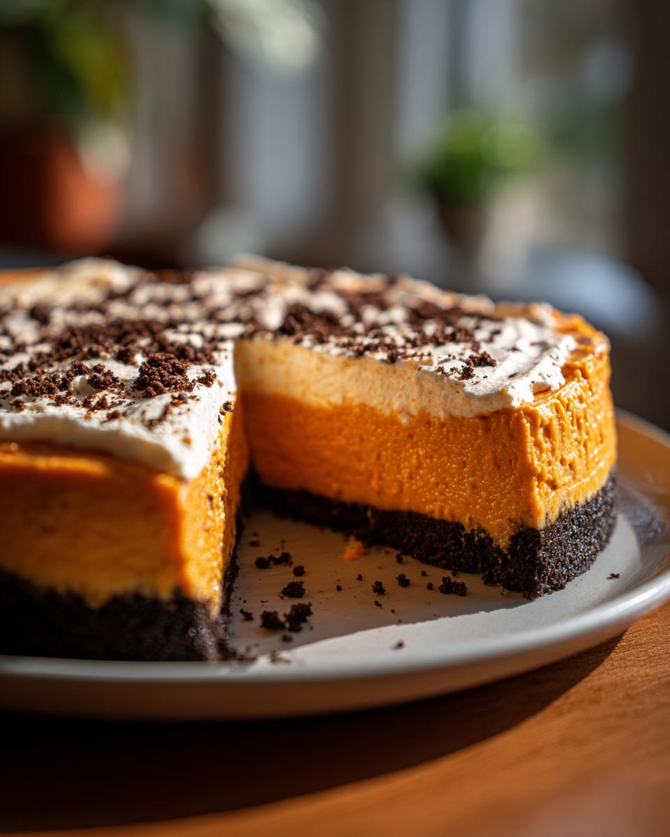 A rich, orange sweet potato cheesecake with a dark chocolate crust, topped with whipped cream and cookie crumbs, with one slice removed.
