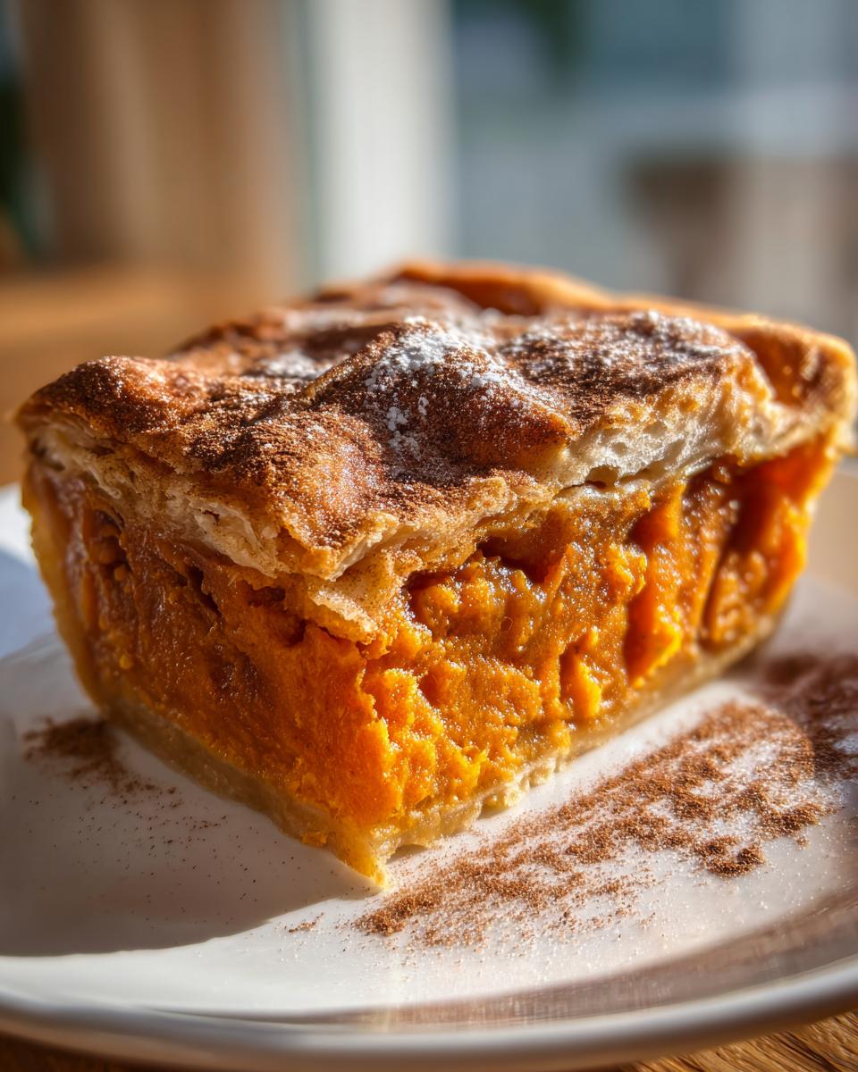 Close-up of a square slice of sweet potato cobbler with a flaky crust, dusted with cinnamon and powdered sugar.