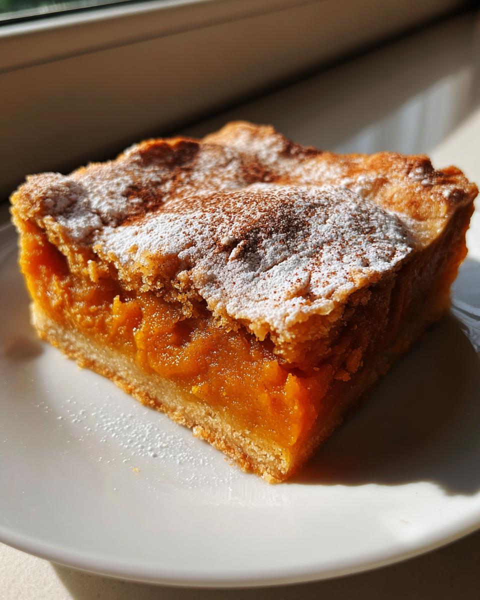 A square slice of rich, orange sweet potato cobbler topped with powdered sugar and cinnamon.