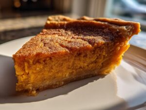 A close-up, sunlit slice of rich, orange sweet potato cobbler resting on a white plate.