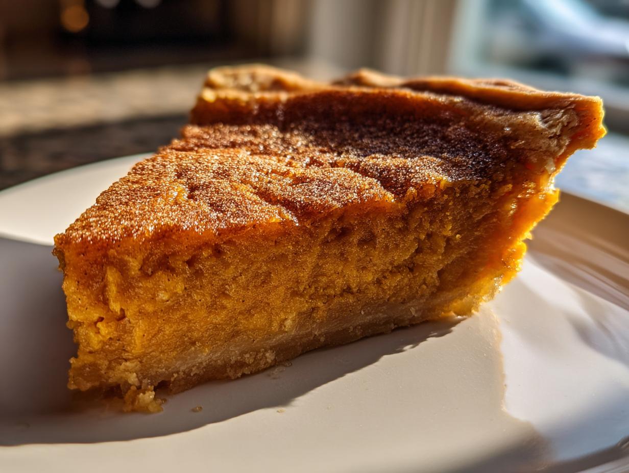 A close-up, sunlit slice of rich, orange sweet potato cobbler resting on a white plate.