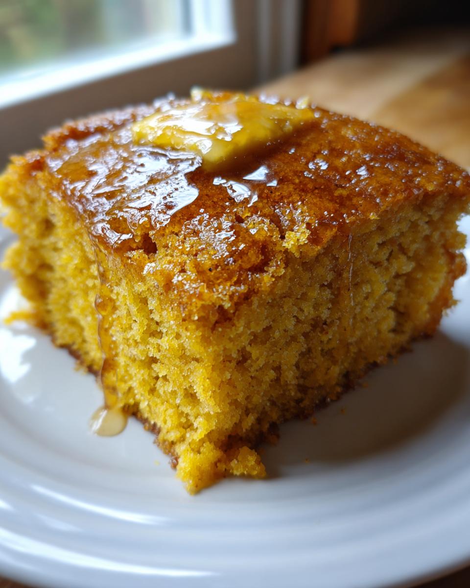Close-up of a square slice of bright orange sweet potato cornbread topped with melting butter and drizzled honey.