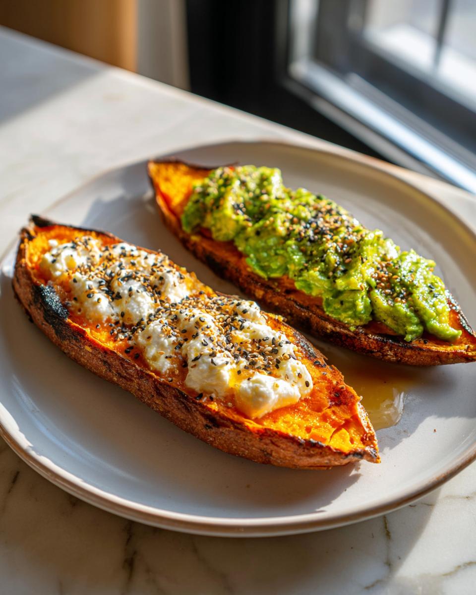 Two halves of toasted sweet potato toast topped with ricotta cheese and avocado, sprinkled with everything bagel seasoning.
