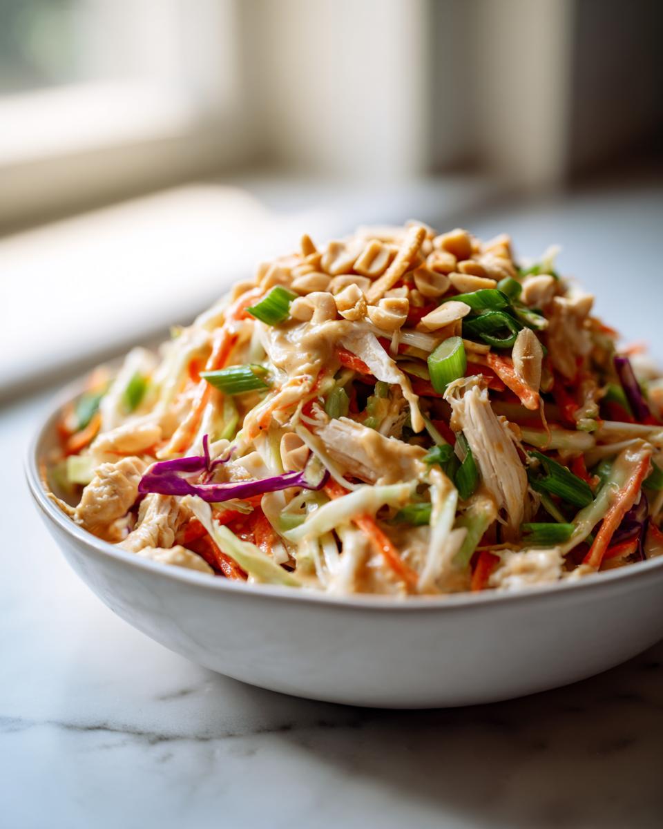Close-up of a vibrant thai chicken salad in a white bowl, topped with crushed peanuts and green onions.
