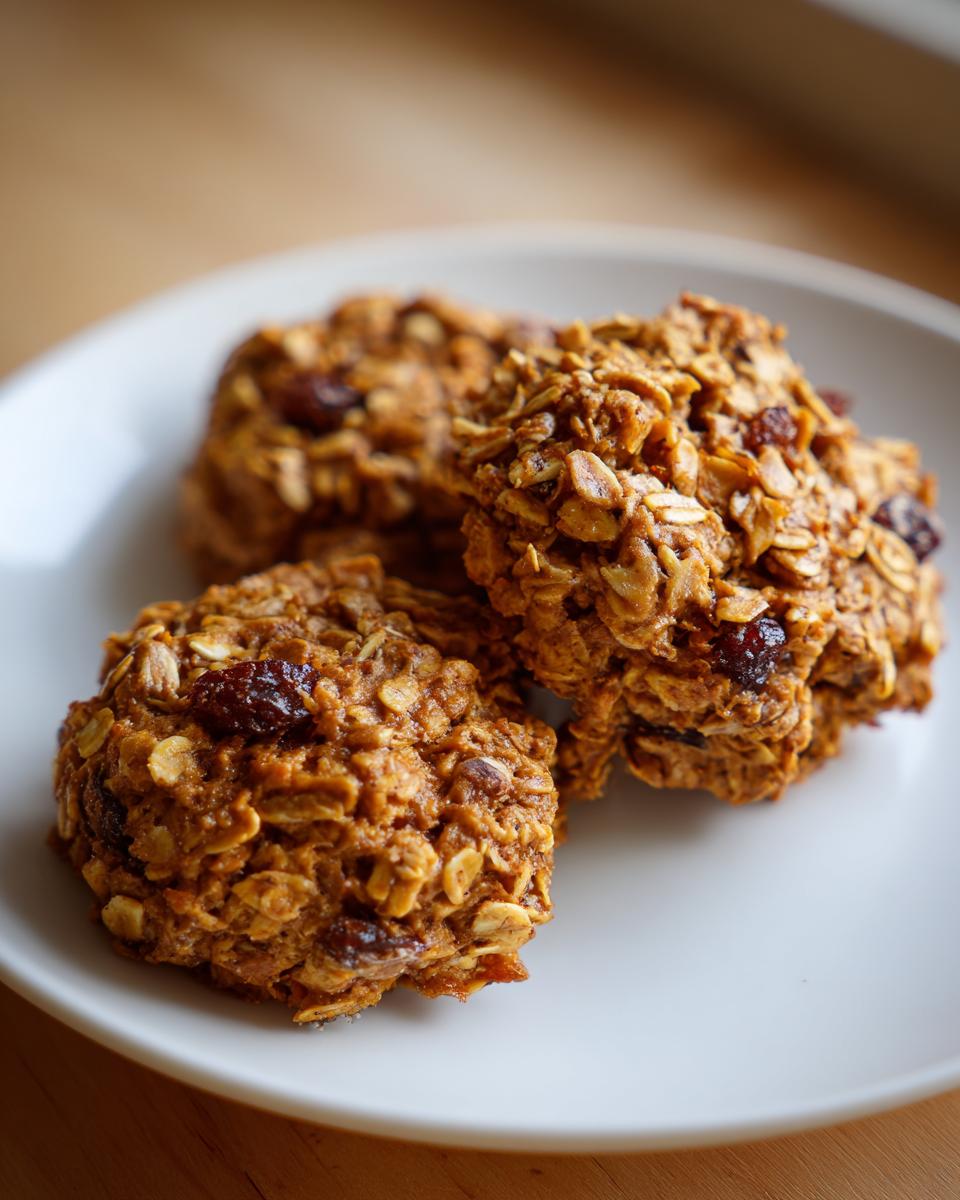 Close-up of three textured, golden-brown breakfast cookie treats made with oats and raisins on a white plate.