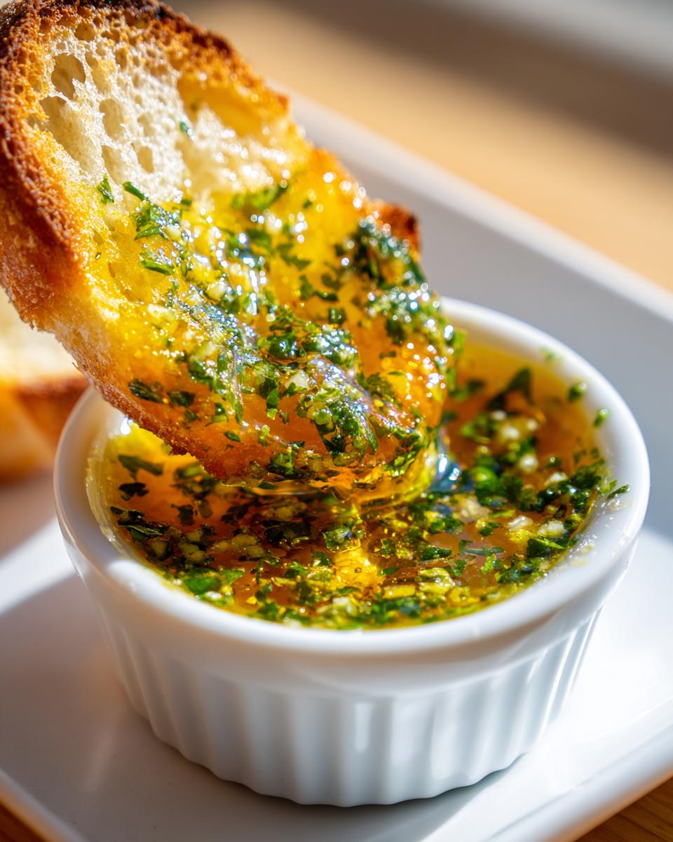 A piece of toasted bread being dipped into a small white ramekin of vibrant yellow cowboy butter dipping sauce, rich with herbs.