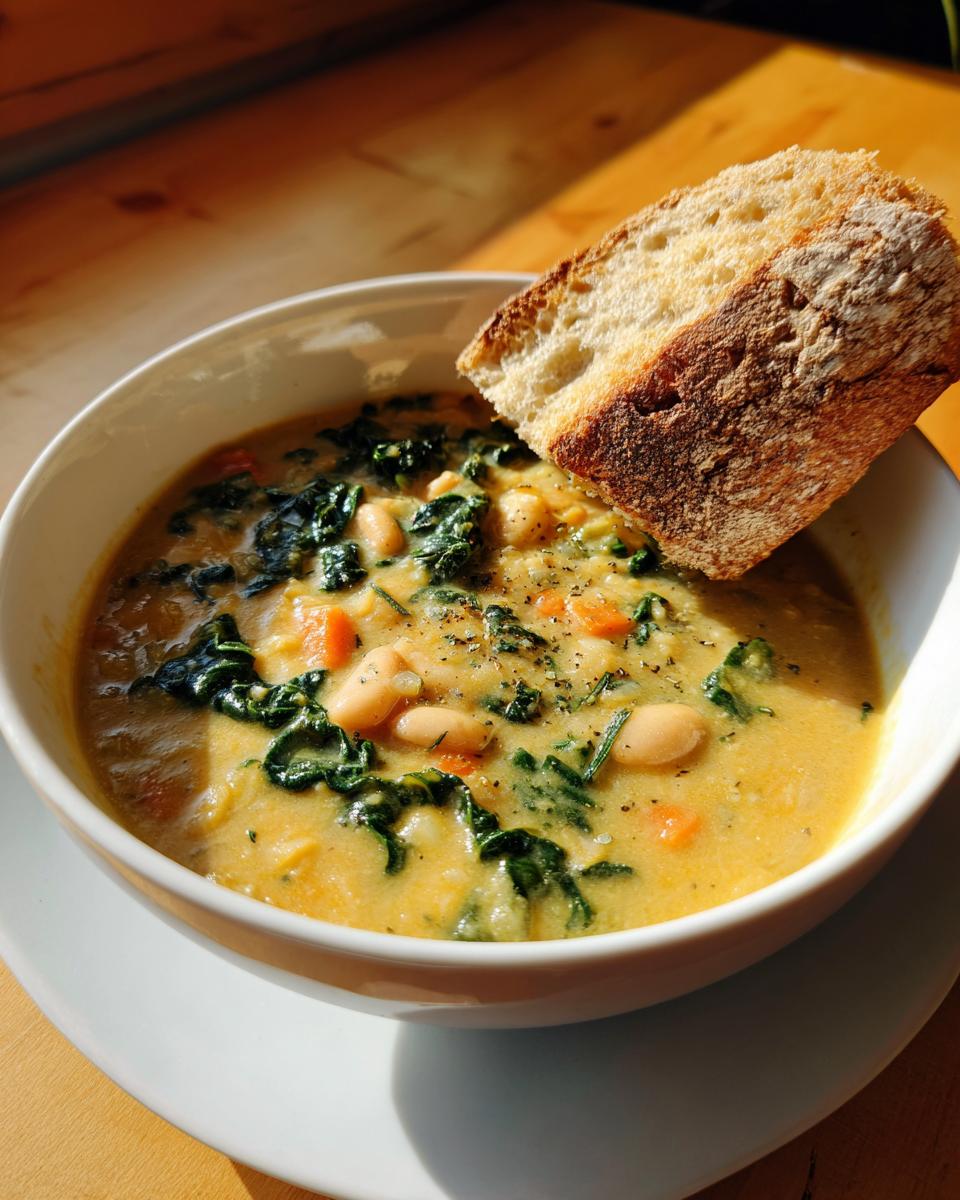 A bowl of creamy Tuscan white bean soup topped with kale and served with a slice of toasted bread.