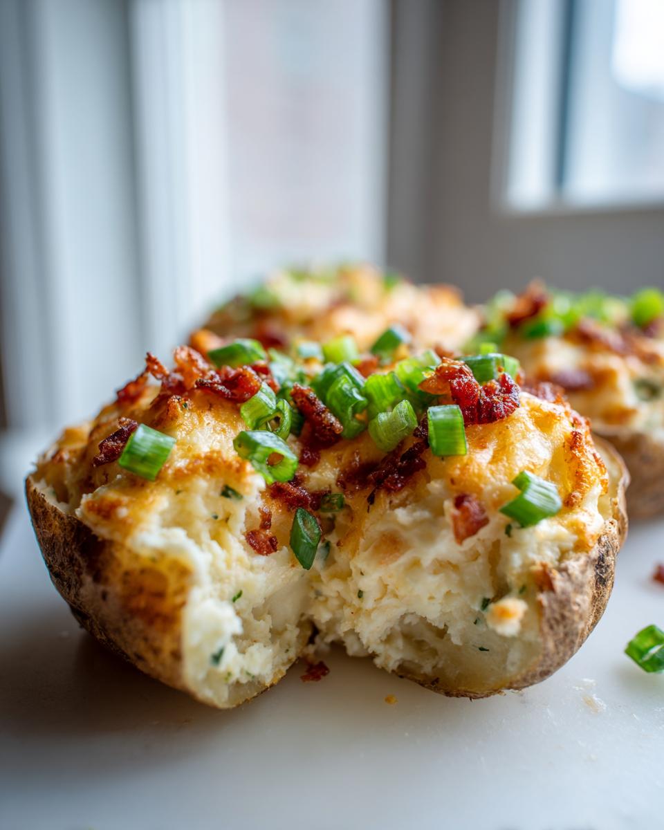 A close-up of a twice baked potato with a bite taken out, topped with melted cheese, bacon bits, and green onions.