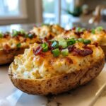 Close-up of a perfectly twice baked potato, stuffed with cheesy filling, bacon bits, and green onions.
