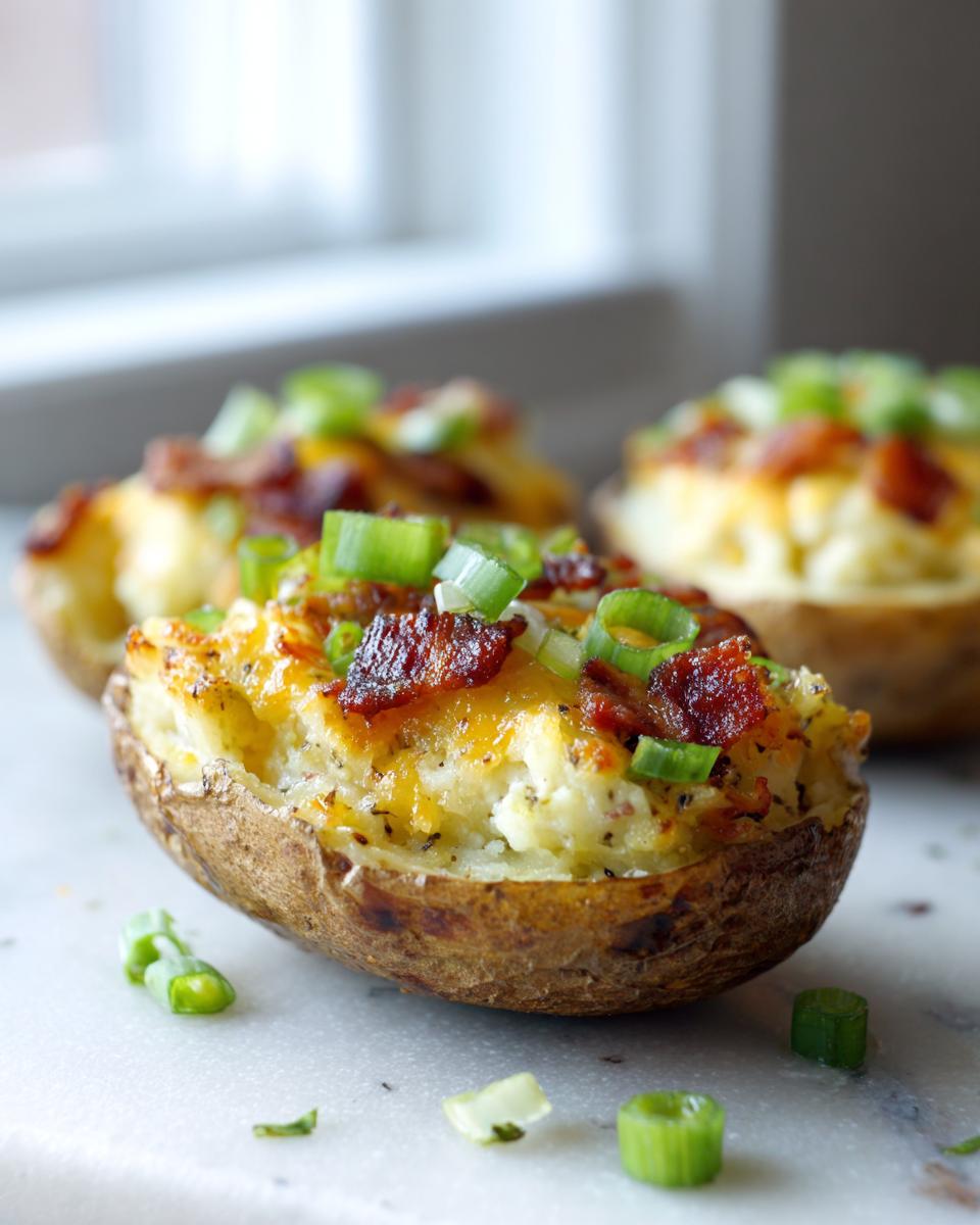 Close-up of a twice baked potato half filled with cheesy mashed potato, topped with crispy bacon and green onions.