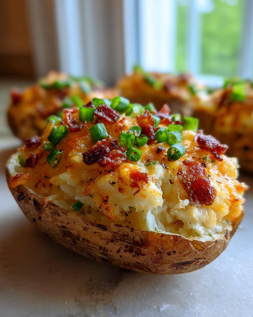 Close-up of a perfectly twice baked potato stuffed with creamy filling, melted cheese, bacon bits, and green onions.