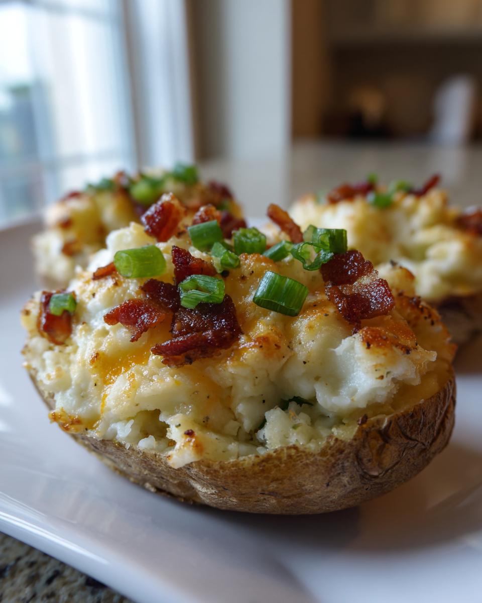 Close-up of a perfectly cooked twice baked potato, stuffed with creamy filling, topped with bacon bits and green onions.