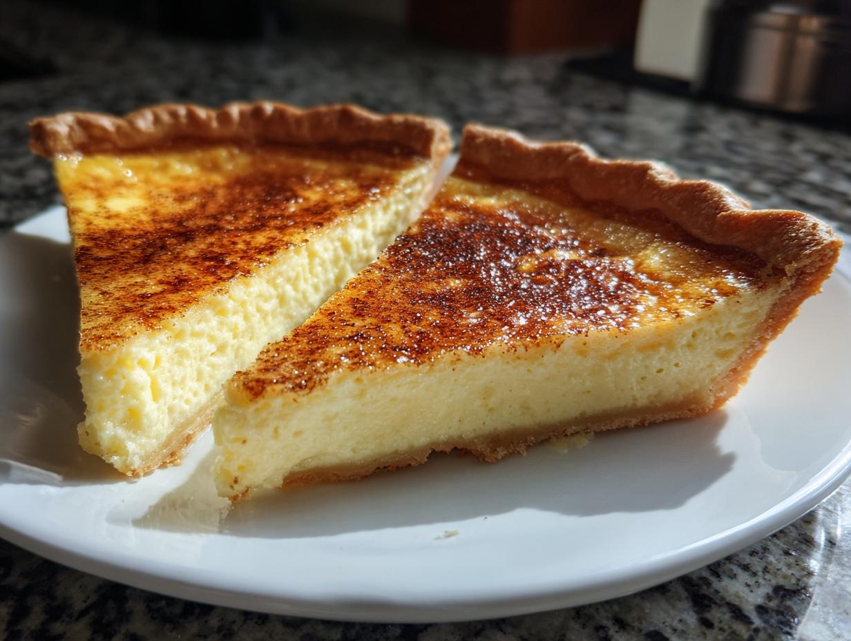 Two perfect slices of smooth custard pie showing a creamy yellow filling and a browned, spiced top crust.