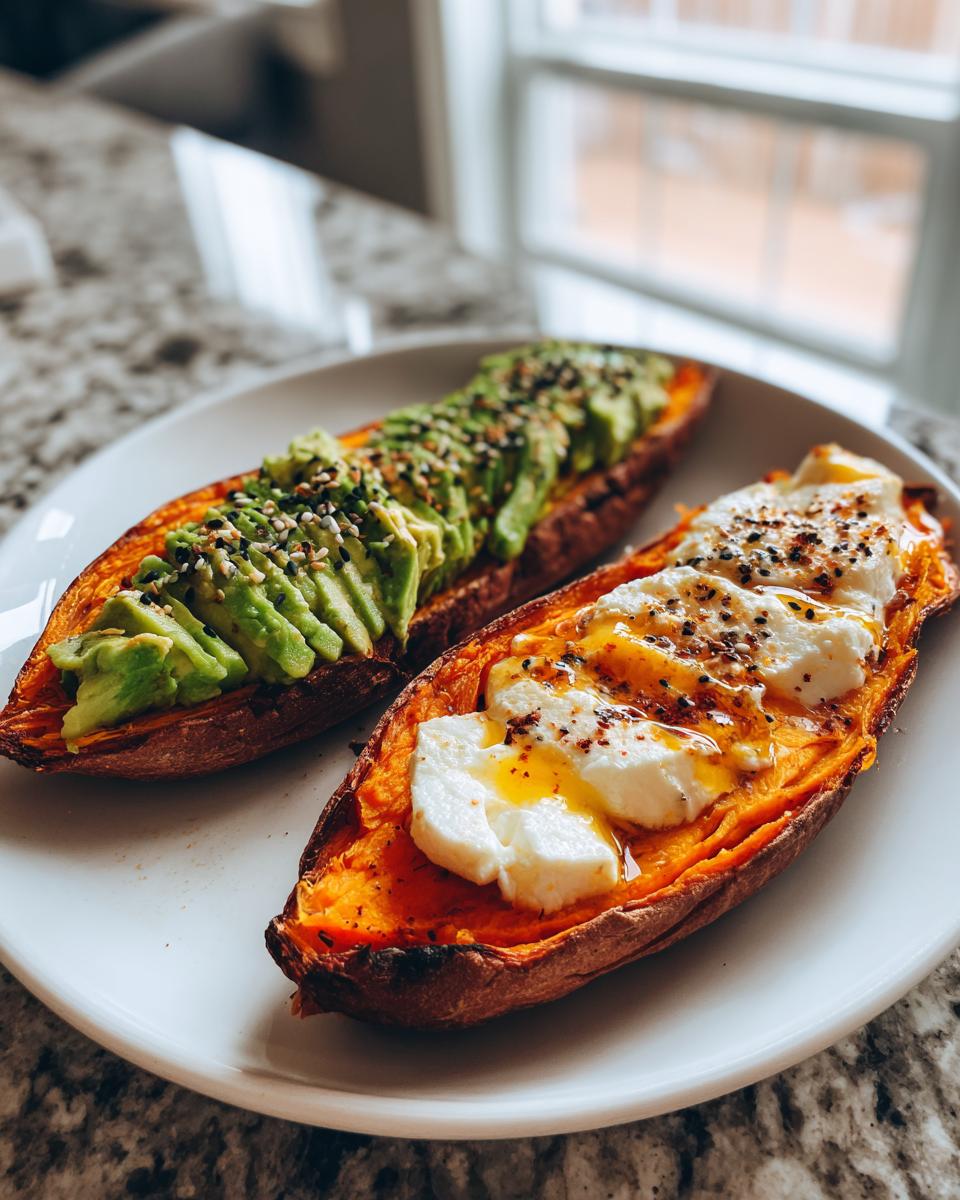Two halves of baked sweet potato toast topped differently: one with sliced avocado and everything bagel seasoning, the other with fresh mozzarella and honey.