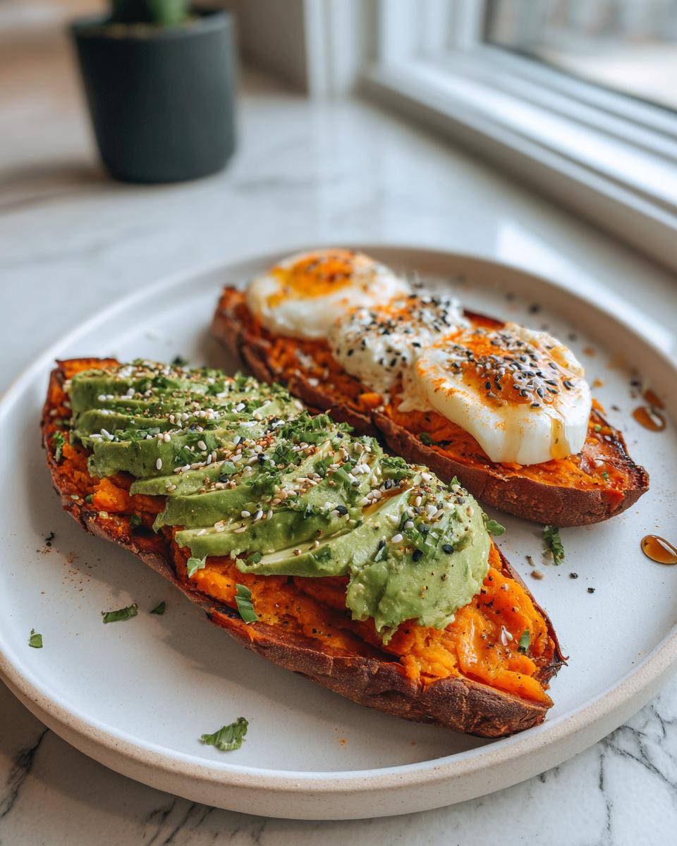 Two halves of sweet potato toast topped differently: one with avocado and seeds, the other with poached eggs.
