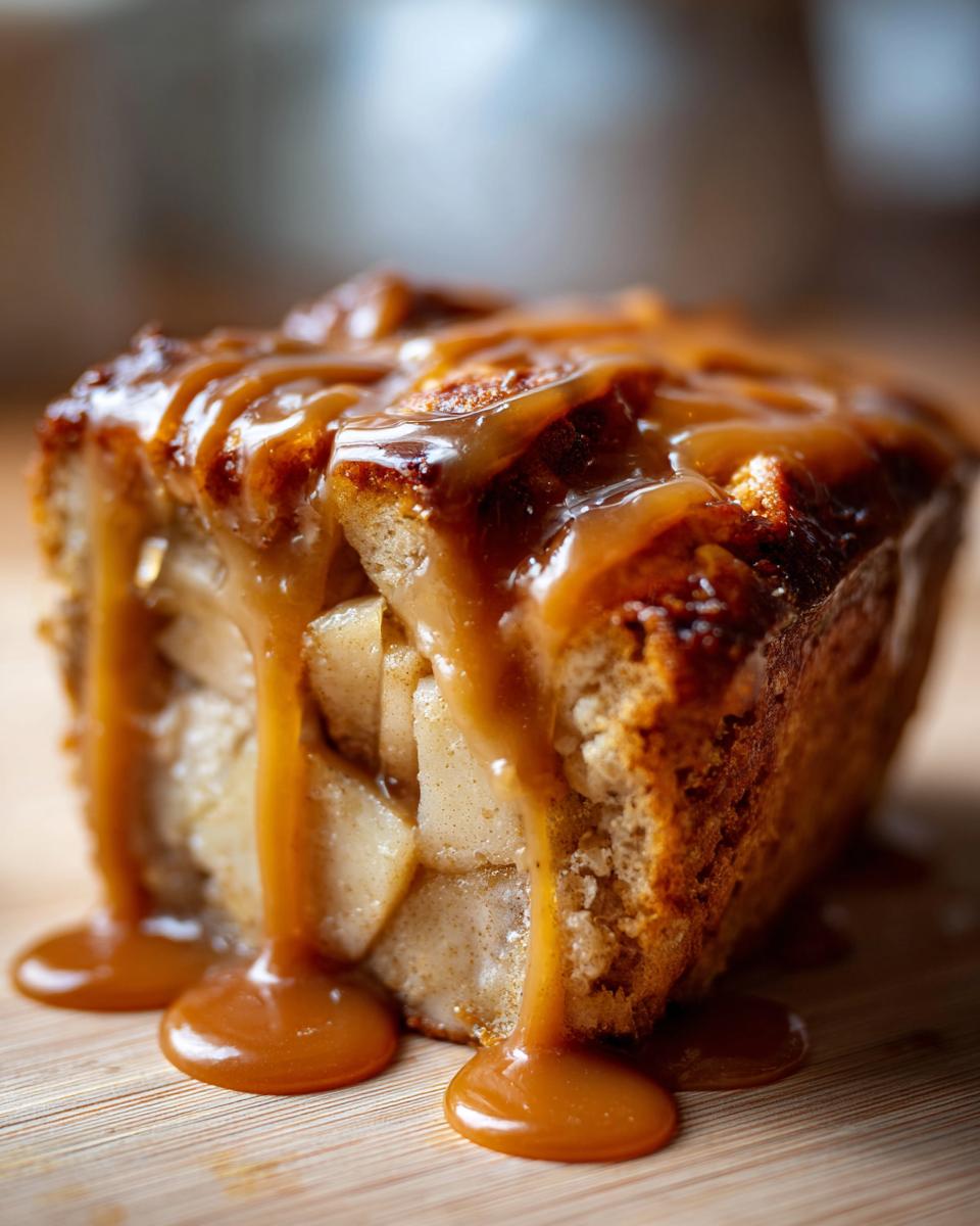 Close-up of a slice of ultimate apple bread pudding generously drizzled with thick caramel sauce.