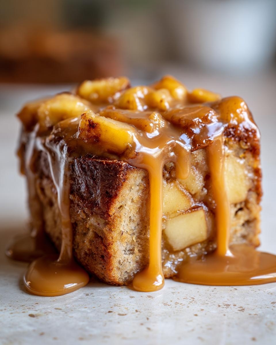 Close-up of a rich slice of apple bread pudding topped with caramelized apples and thick caramel sauce.