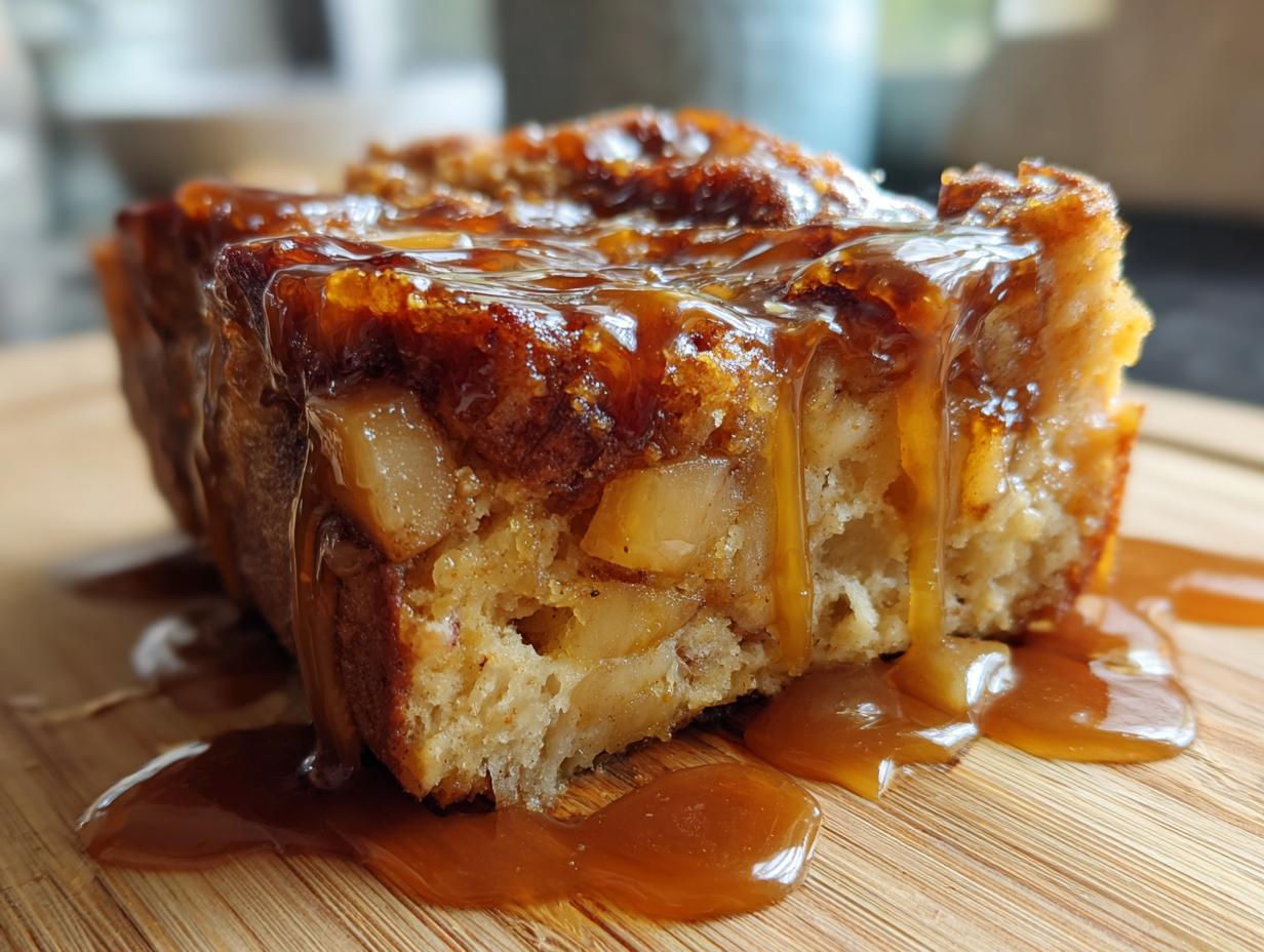 Close-up of a moist slice of apple bread pudding generously covered in dripping caramel sauce.