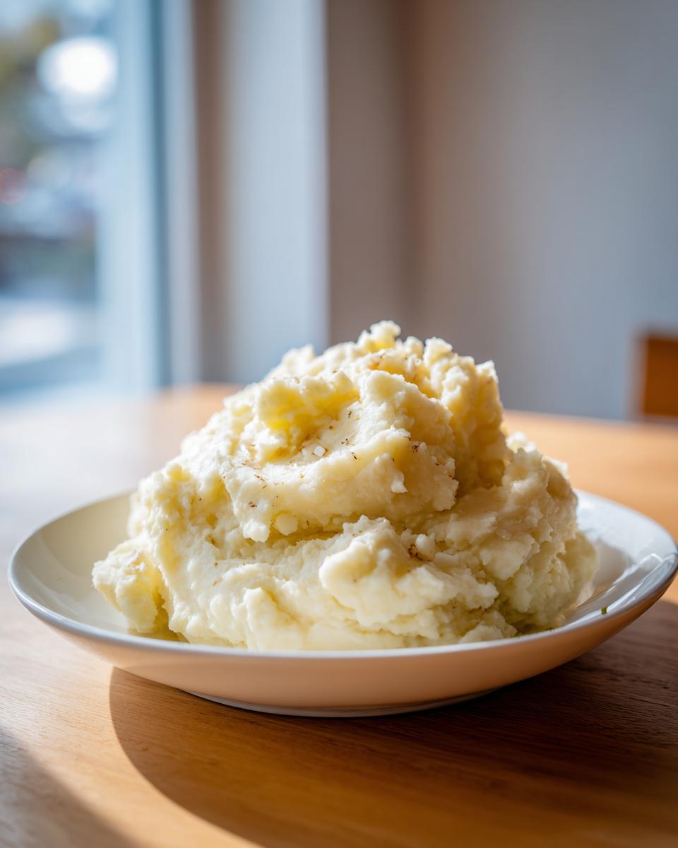 A generous serving of creamy, fluffy garlic mashed potatoes seasoned with pepper in a white bowl.