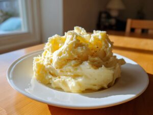 A generous, fluffy mound of creamy garlic mashed potatoes served on a white plate in warm sunlight.