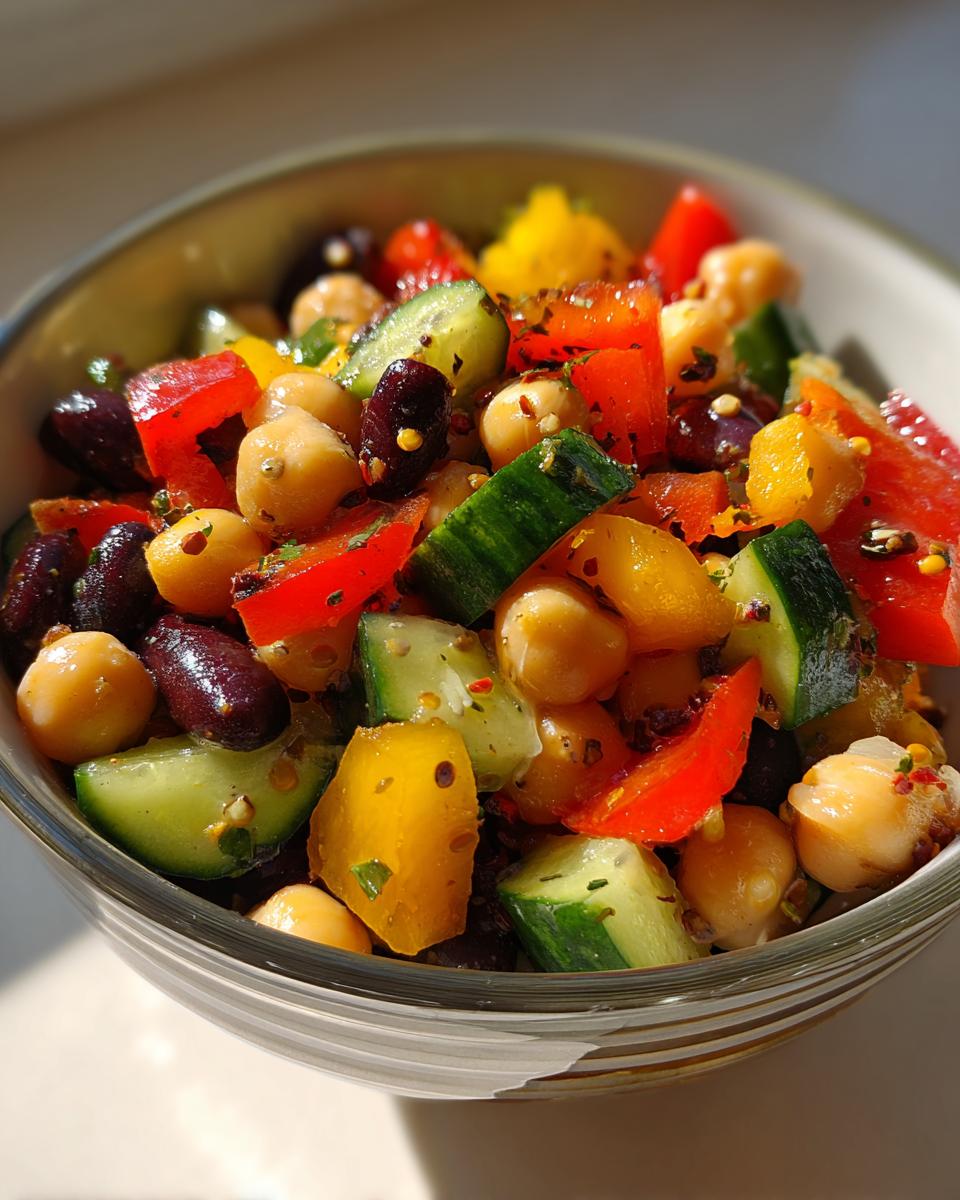 Close-up of a vibrant bean salad featuring chickpeas, dark red kidney beans, chopped cucumber, red, and yellow bell peppers.