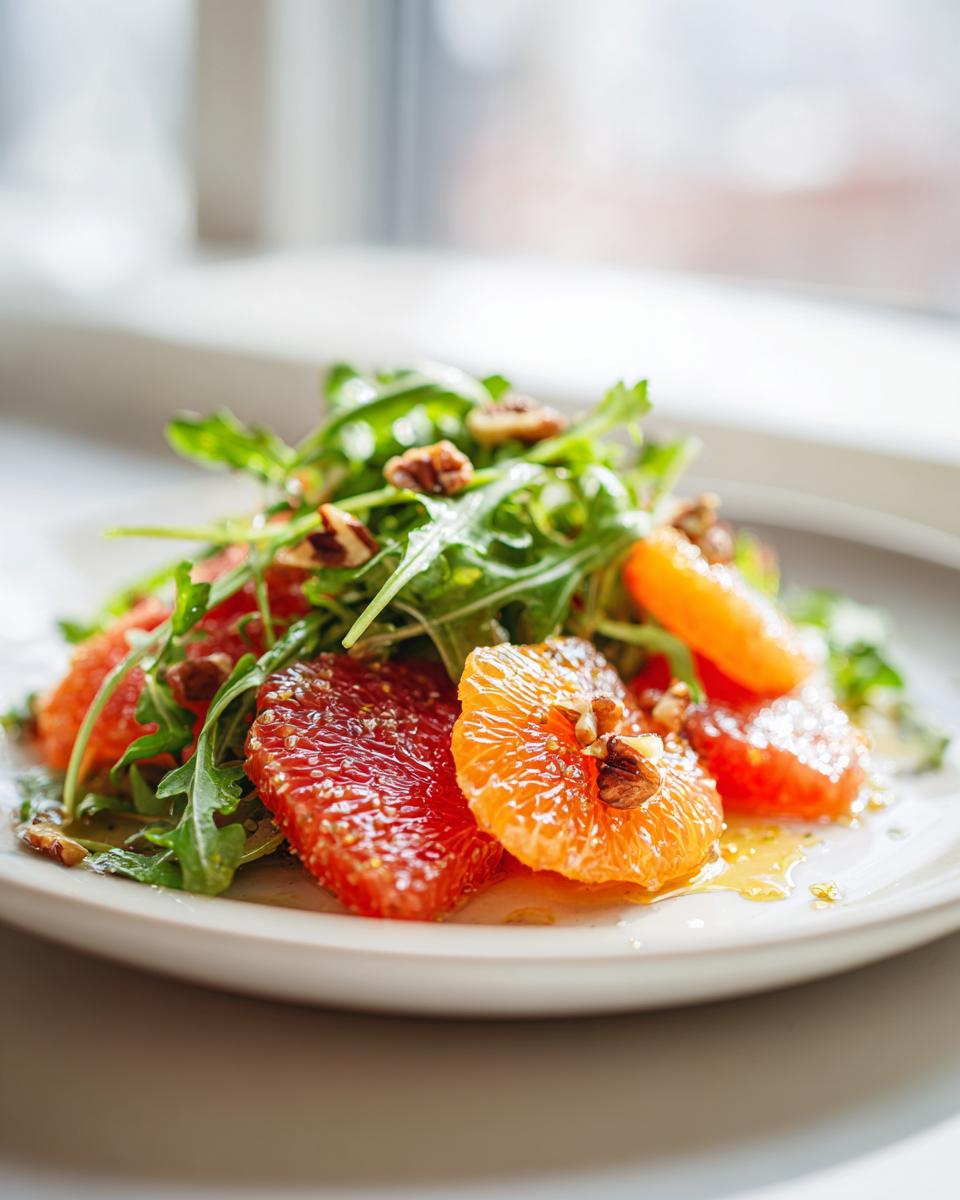 Close-up of a bright citrus salad featuring segments of grapefruit and orange over arugula, topped with pecans.