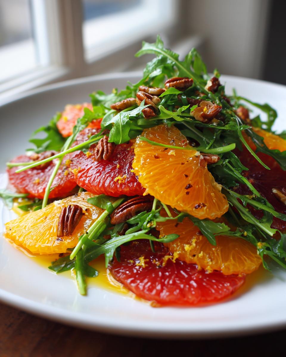 Close-up of a bright citrus salad featuring slices of blood orange and navel orange, topped with arugula and pecans.
