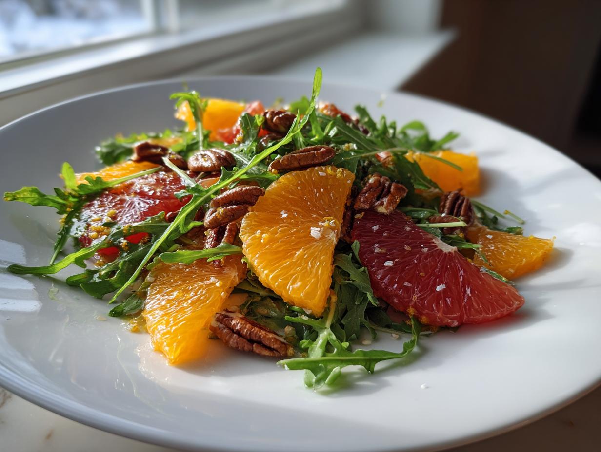 Close-up of a bright citrus salad featuring orange and blood orange slices over arugula, topped with pecans.