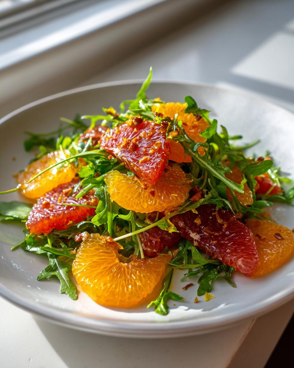 A bright citrus salad featuring segments of blood orange and navel orange mixed with fresh arugula leaves.